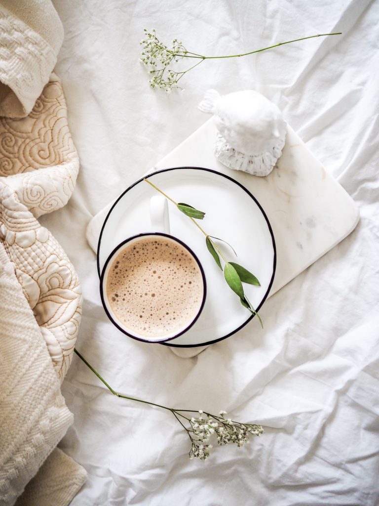 bright cozy coffee on a marble tray